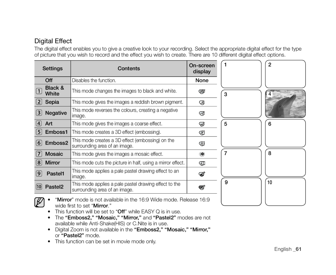 Samsung VP-DX10/SAH, VP-DX10/XEF, VP-DX10H/XEF manual Digital Effect, Settings Contents On-screen Display Off, WhiteBlack 