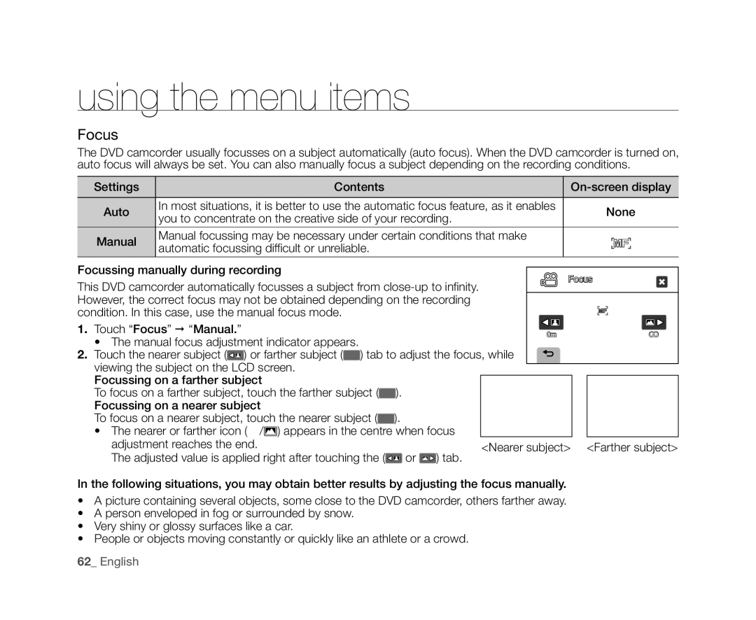 Samsung VP-DX10/XEK, VP-DX10/XEF, VP-DX10H/XEF Settings Contents On-screen display Auto, Focussing on a nearer subject 