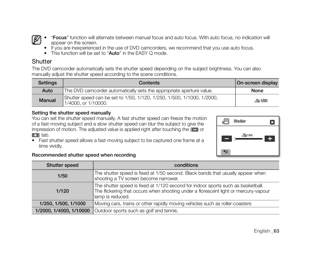 Samsung VP-DX10/XER, VP-DX10/XEF, VP-DX10H/XEF, VP-DX10/XEO, VP-DX10/XEE, VP-DX10/UMG, VP-DX10H/MEA, VP-DX10/HAC manual Shutter 