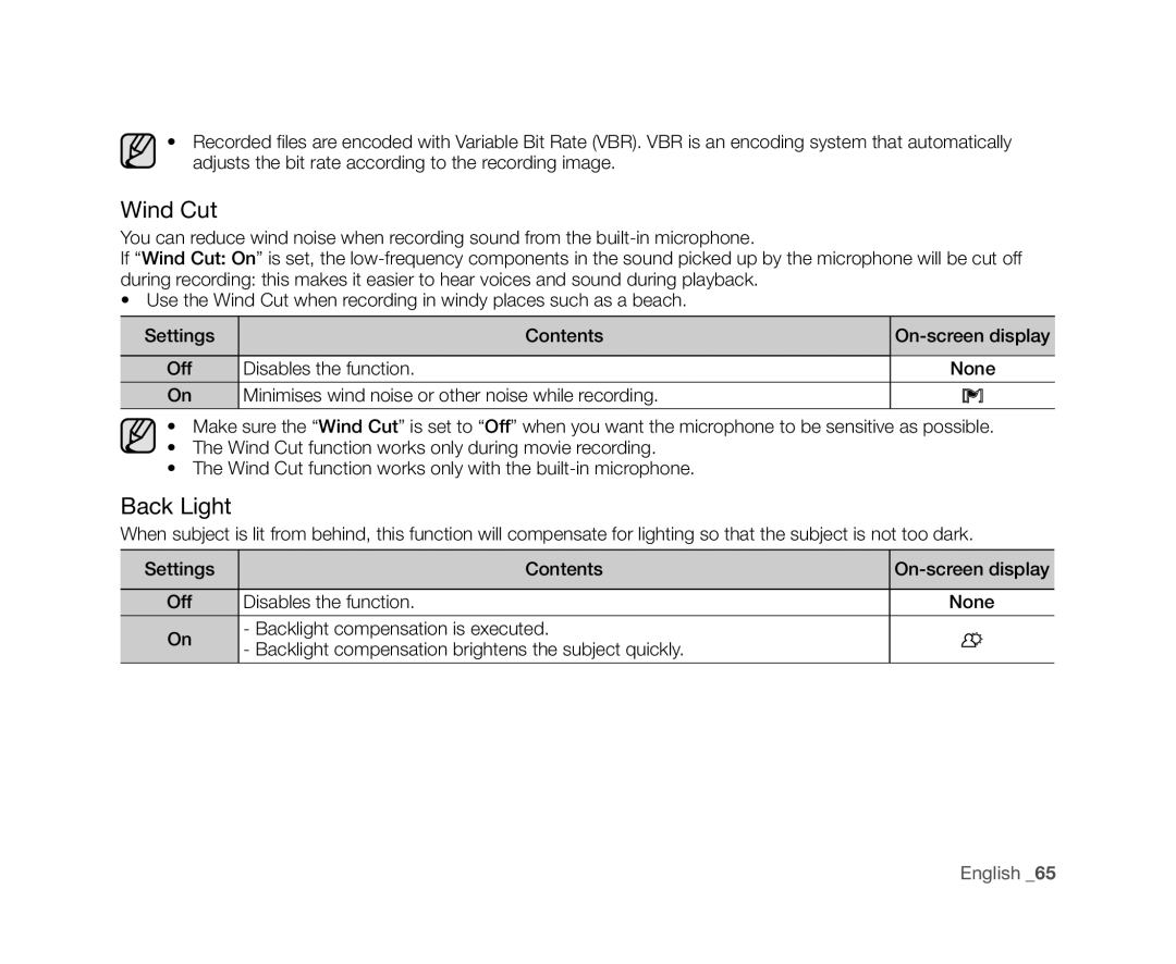 Samsung VP-DX10H/XEF, VP-DX10/XEF, VP-DX10/XEO, VP-DX10/XEE, VP-DX10/UMG, VP-DX10H/MEA, VP-DX10/HAC manual Wind Cut, Back Light 