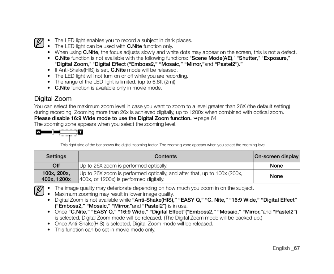 Samsung VP-DX10/XEE manual Digital Zoom, Settings Contents On-screen display, Up to 26X zoom is performed optically None 