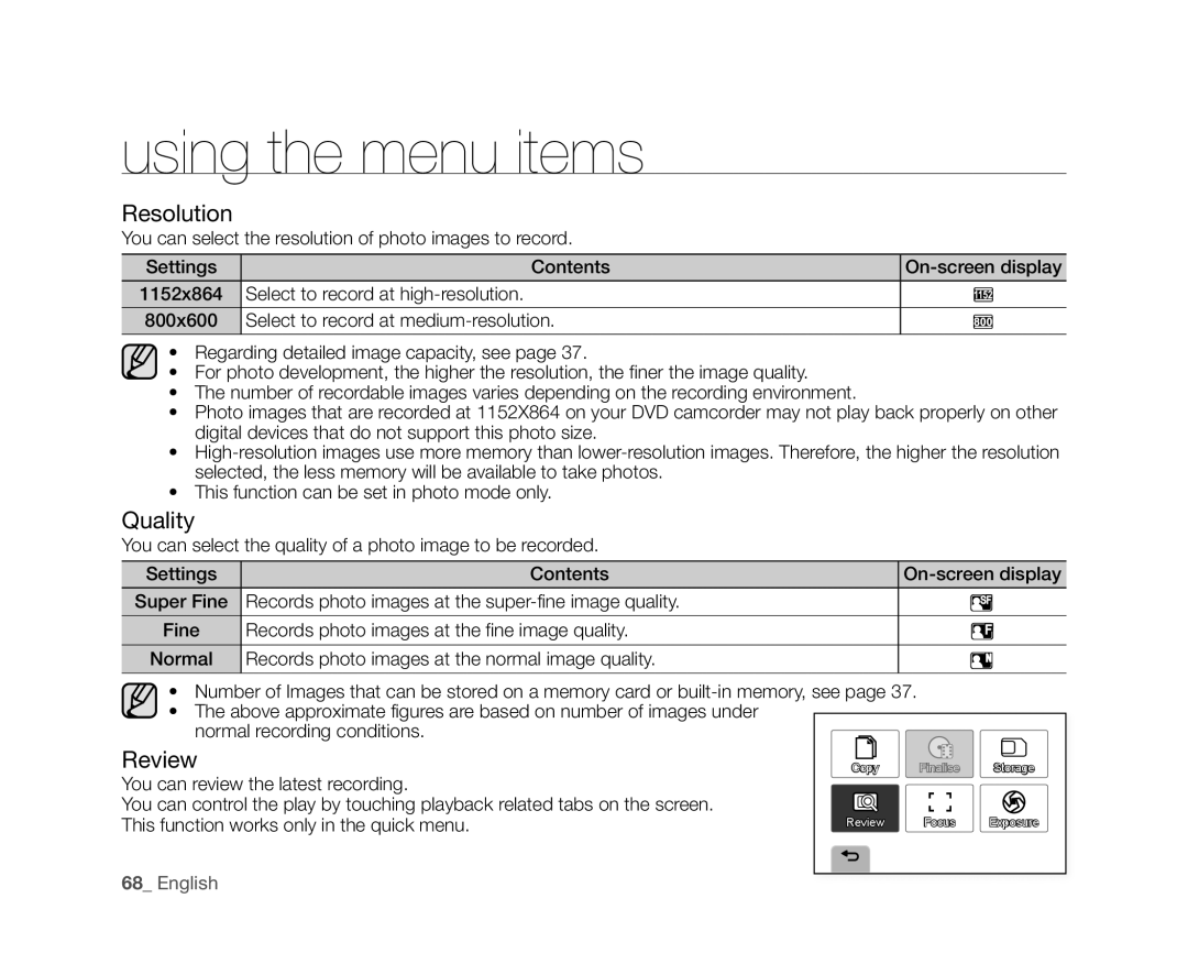 Samsung VP-DX10/UMG, VP-DX10/XEF, VP-DX10H/XEF Resolution, Review, Select to record at high-resolution, 1152x864, 800x600 