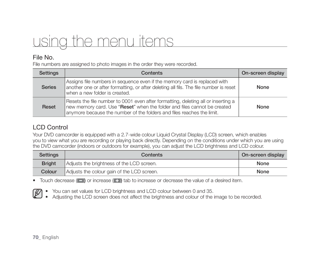 Samsung VP-DX10/HAC, VP-DX10/XEF, VP-DX10H/XEF, VP-DX10/XEO manual File No, LCD Control, When a new folder is created, Reset 