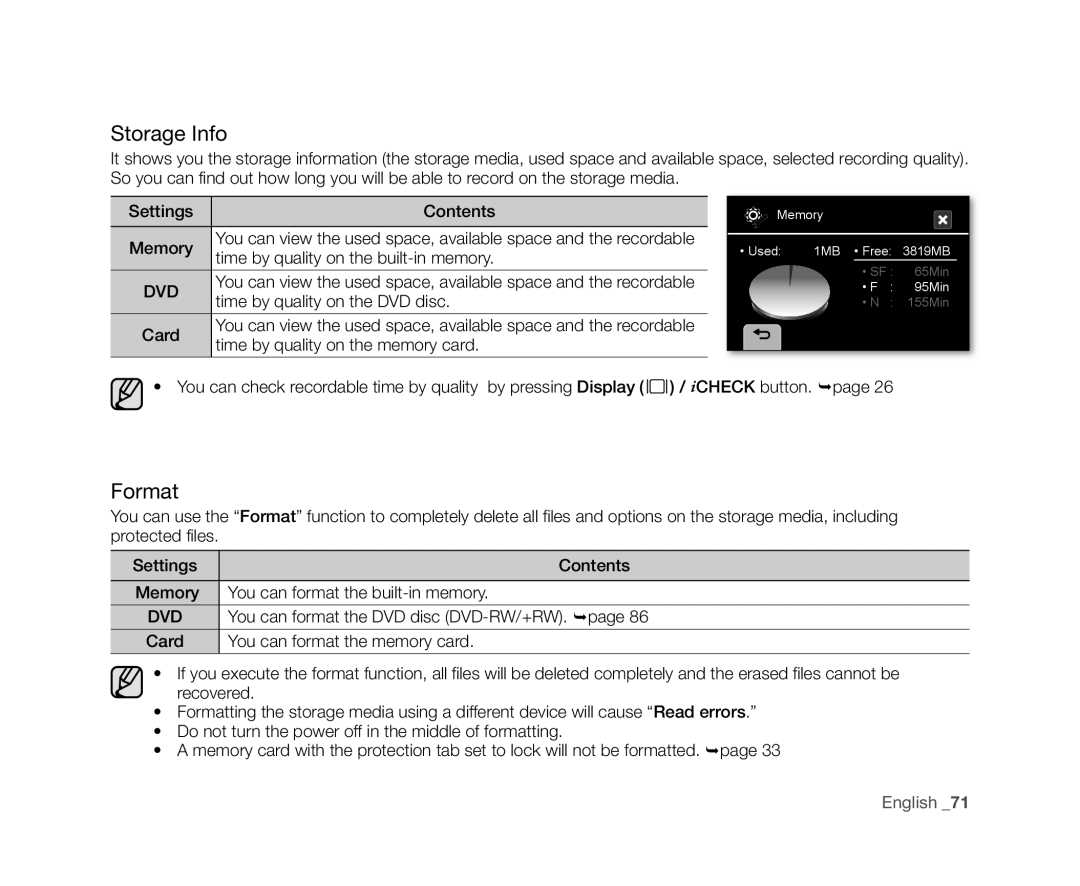 Samsung VP-DX10/KNT, VP-DX10/XEF, VP-DX10H/XEF, VP-DX10/XEO, VP-DX10/XEE, VP-DX10/UMG, VP-DX10H/MEA manual Storage Info, Format 