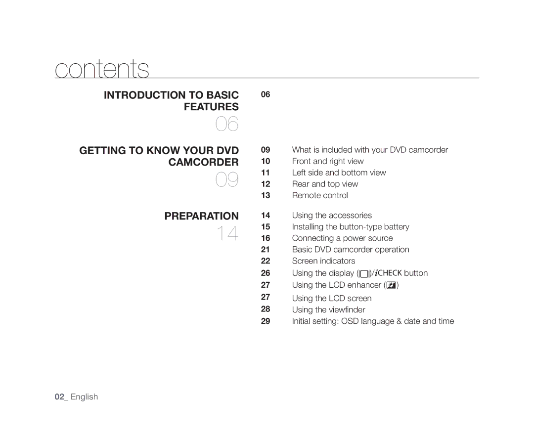 Samsung VP-DX10/ADL, VP-DX10/XEF, VP-DX10H/XEF, VP-DX10/XEO, VP-DX10/XEE, VP-DX10/UMG, VP-DX10H/MEA, VP-DX10/HAC manual Contents 