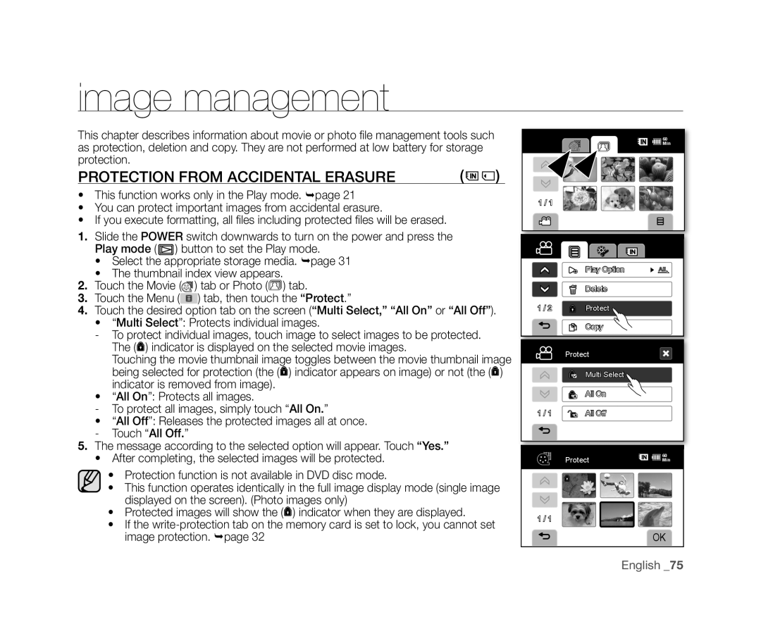 Samsung VP-DX10/SAH manual Image management, Protection from Accidental Erasure, Multi Select Protects individual images 