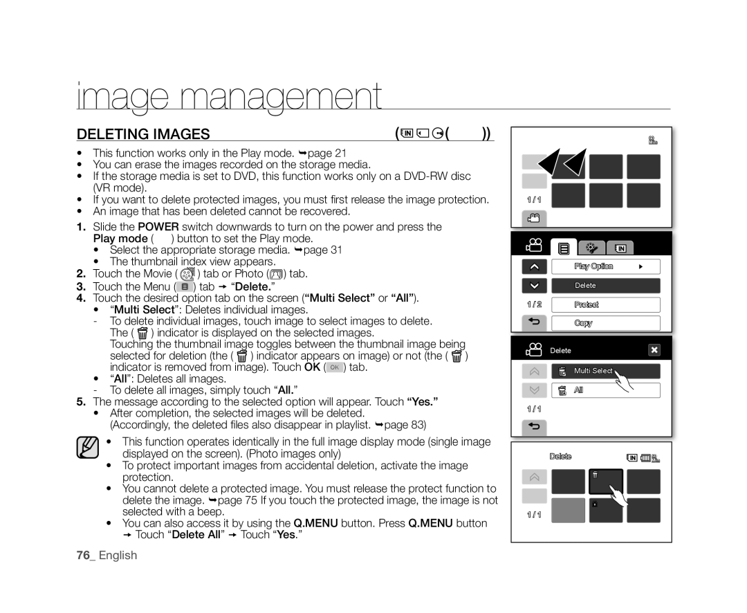 Samsung VP-DX10/XEK, VP-DX10/XEF, VP-DX10H/XEF, VP-DX10/XEO, VP-DX10/XEE, VP-DX10/UMG, VP-DX10H/MEA manual Deleting Images, Rwvr 