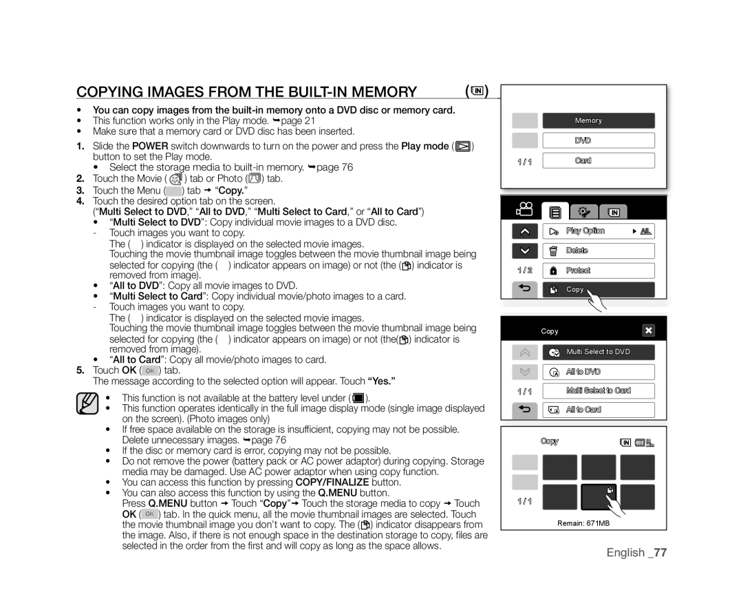 Samsung VP-DX10/XER, VP-DX10/XEF, VP-DX10H/XEF manual Copying Images from the BUILT-IN Memory, Touch images you want to copy 