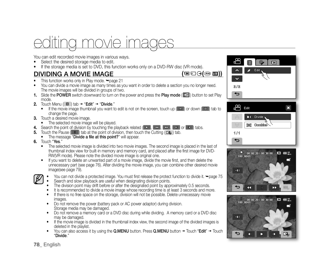 Samsung VP-DX10/XEF, VP-DX10H/XEF, VP-DX10/XEO, VP-DX10/XEE, VP-DX10/UMG manual Editing movie images, Dividing a Movie Image 