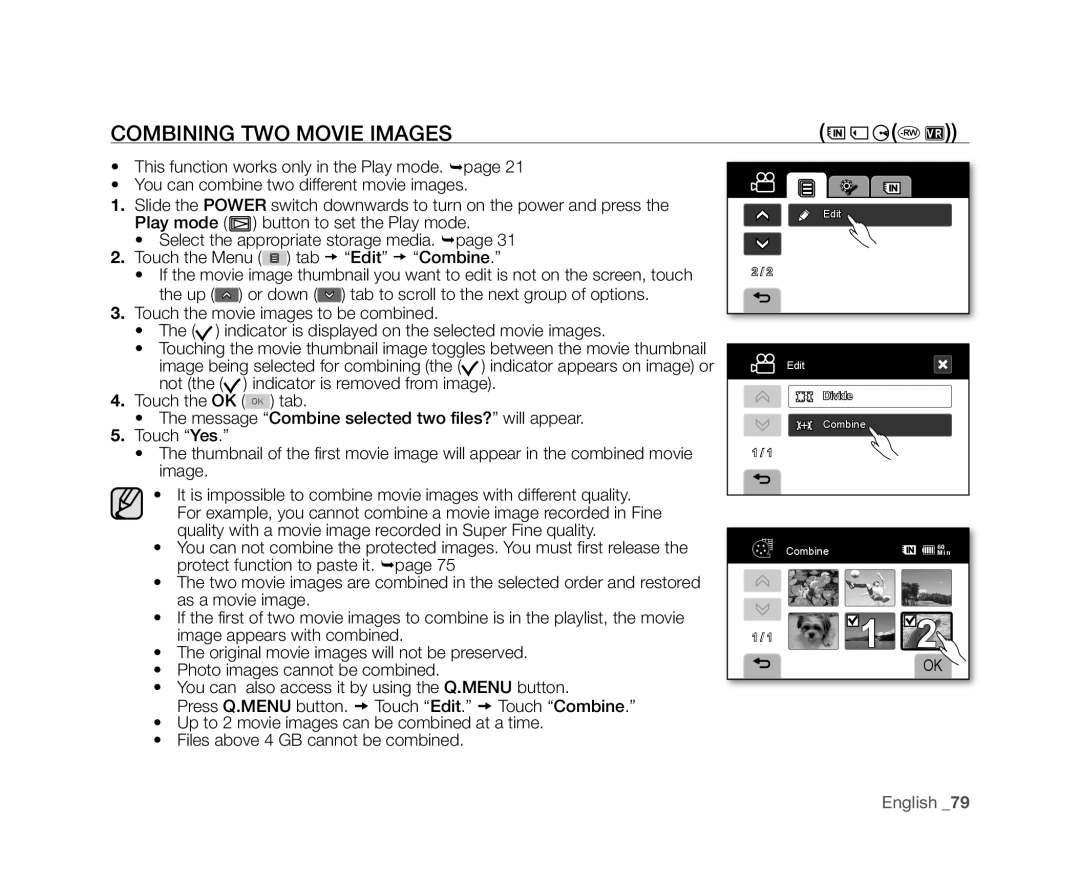 Samsung VP-DX10H/XEF, VP-DX10/XEF, VP-DX10/XEO, VP-DX10/XEE, VP-DX10/UMG, VP-DX10H/MEA manual Combining TWO Movie Images, Rw Vr 