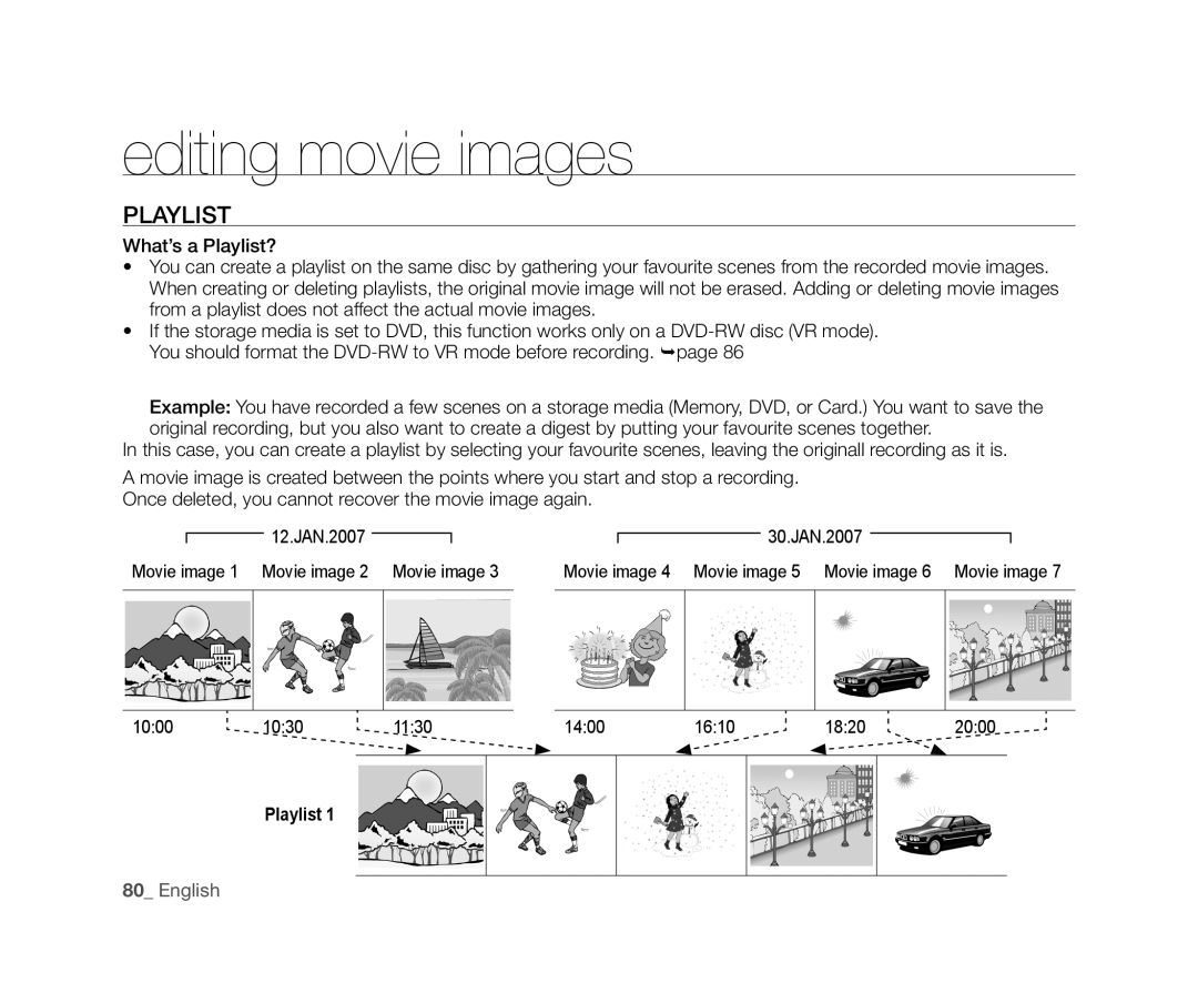 Samsung VP-DX10/XEO, VP-DX10/XEF manual Playlist, Movie image 1 Movie image 2 Movie image, 1030 1130 1400 1610 1820 2000 