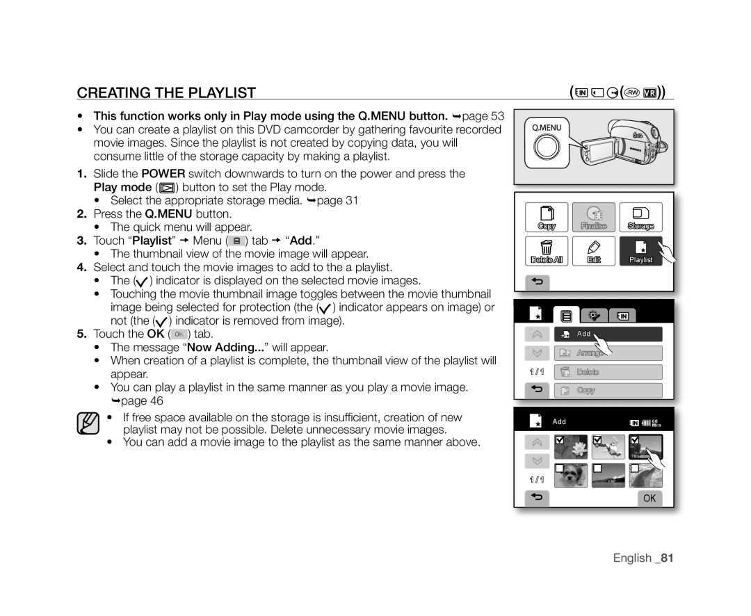 Samsung VP-DX10/XEE, VP-DX10/XEF, VP-DX10H/XEF, VP-DX10/XEO, VP-DX10/UMG, VP-DX10H/MEA, VP-DX10/HAC manual Creating the Playlist 