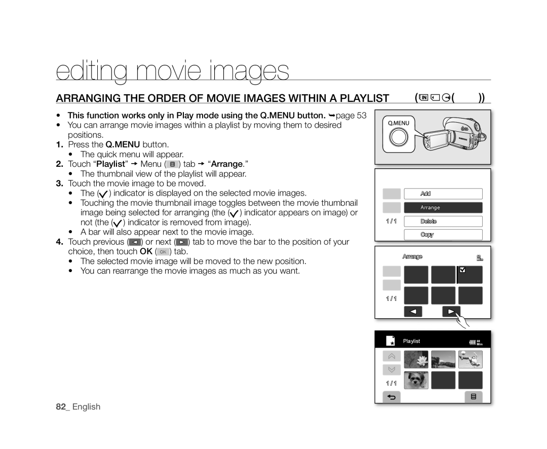 Samsung VP-DX10/UMG, VP-DX10/XEF, VP-DX10H/XEF, VP-DX10/XEO manual Arranging the Order of Movie Images Within a Playlist 