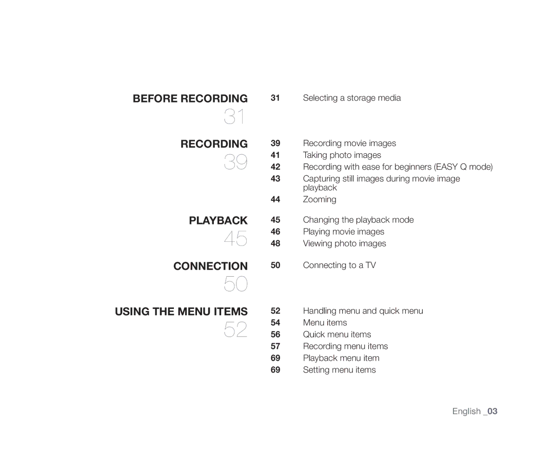 Samsung VP-DX10/MEA, VP-DX10/XEF, VP-DX10H/XEF, VP-DX10/XEO manual Before Recording Playback Connection Using the Menu Items 