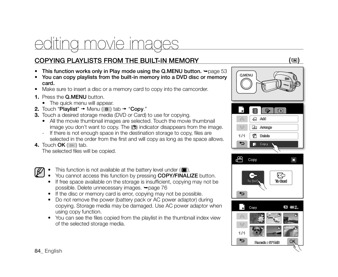 Samsung VP-DX10/HAC manual Copying Playlists from the BUILT-IN Memory, Touch OK OK tab, Selected files will be copied 