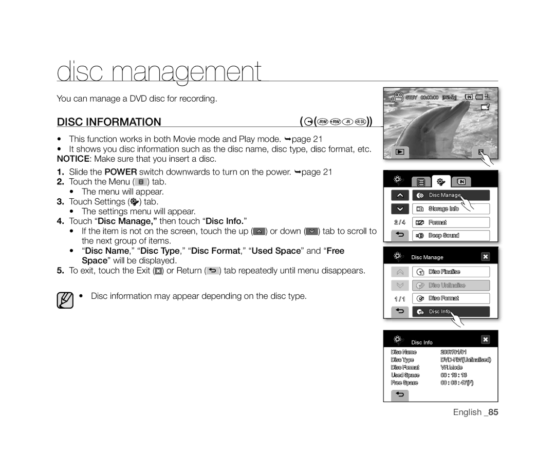 Samsung VP-DX10/KNT, VP-DX10/XEF, VP-DX10H/XEF, VP-DX10/XEO manual Disc management, You can manage a DVD disc for recording 