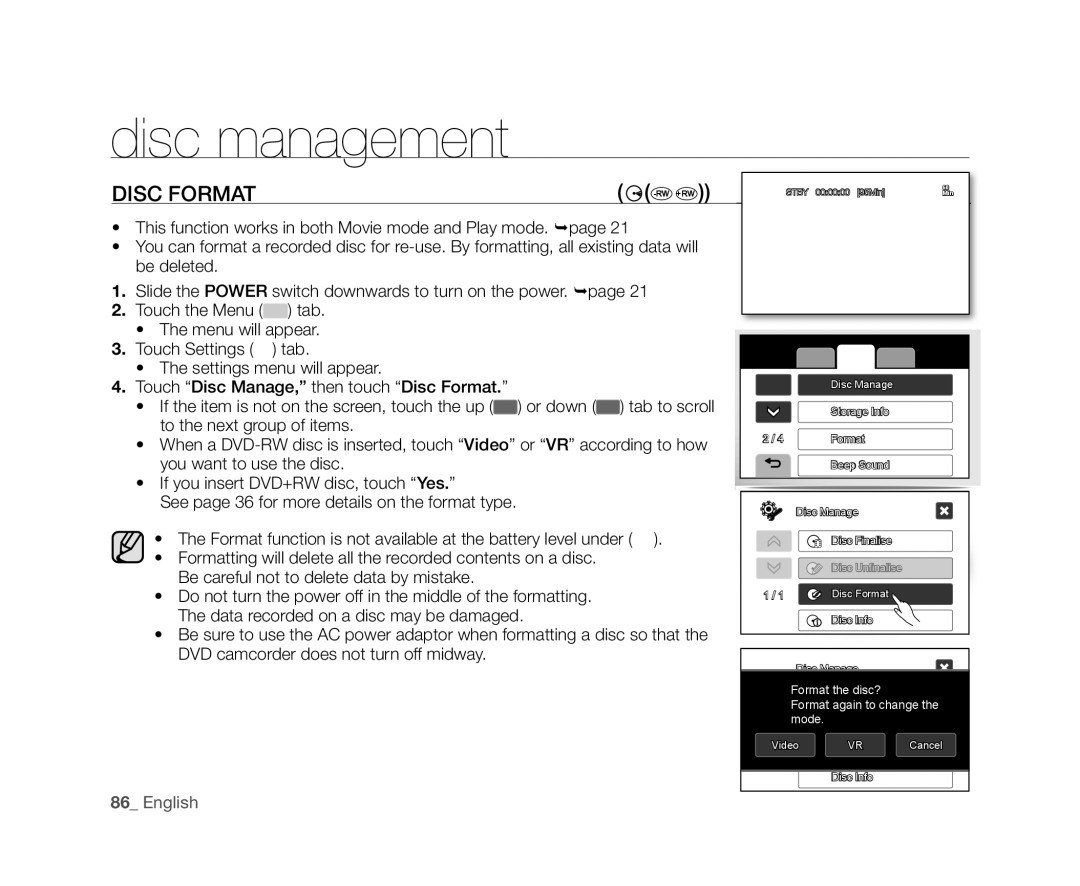 Samsung VP-DX10/ADL, VP-DX10/XEF, VP-DX10H/XEF, VP-DX10/XEO, VP-DX10/XEE, VP-DX10/UMG, VP-DX10H/MEA, VP-DX10/HAC Disc Format 