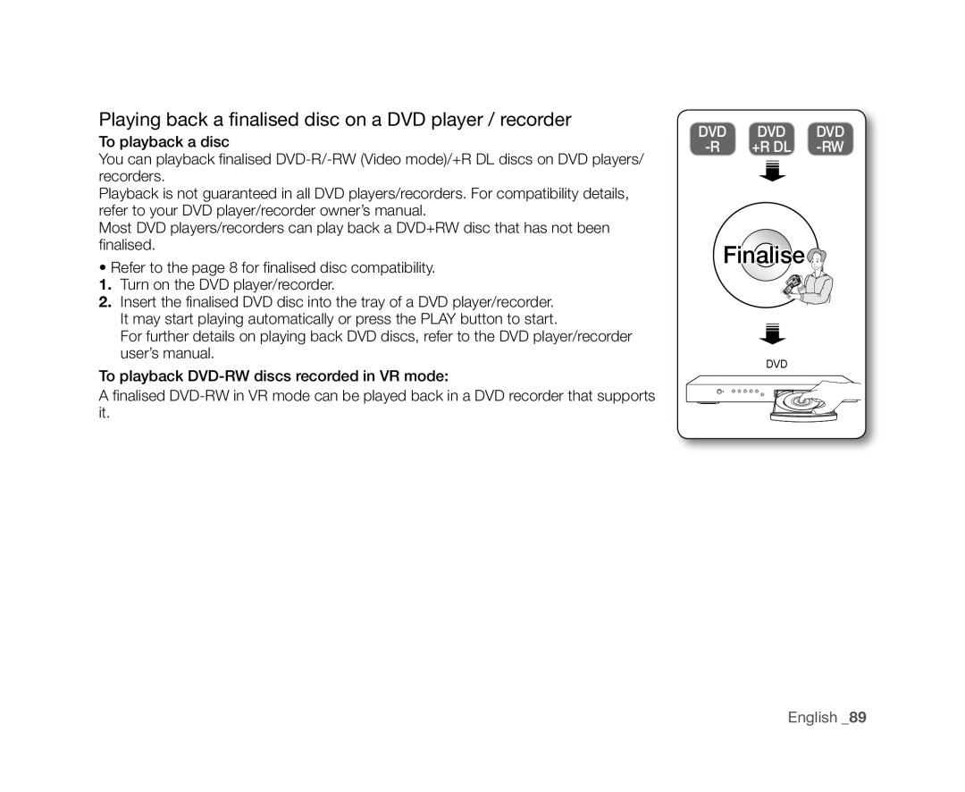 Samsung VP-DX10/SAH, VP-DX10/XEF, VP-DX10H/XEF, VP-DX10/XEO manual Playing back a finalised disc on a DVD player / recorder 