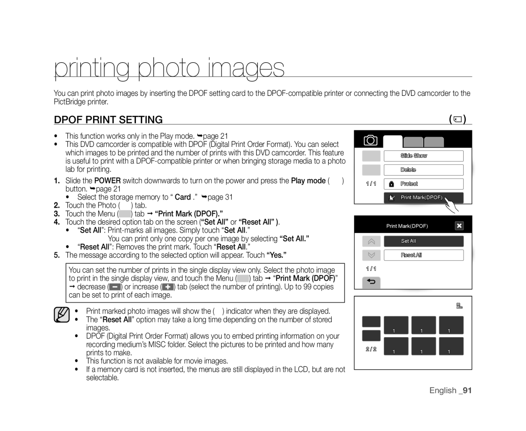 Samsung VP-DX10/XER, VP-DX10/XEF, VP-DX10H/XEF, VP-DX10/XEO, VP-DX10/XEE manual Printing photo images, Dpof Print Setting 