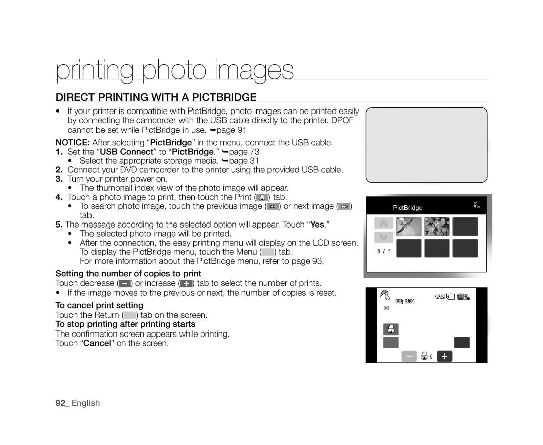 Samsung VP-DX10/XEF, VP-DX10H/XEF, VP-DX10/XEO, VP-DX10/XEE, VP-DX10/UMG, VP-DX10H/MEA manual Direct Printing with a Pictbridge 