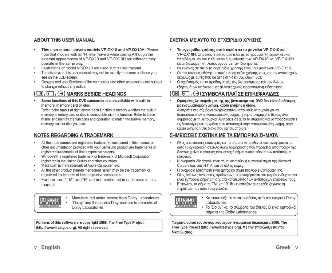 Samsung VP-DX10H/MEA manual Marks Beside Headings, Συμβολα Πλαϊ ΣΕ Επικεφαλιδεσ, Σημειωσεισ Σχετικα ΜΕ ΤΑ Εμπορικα Σηματα 