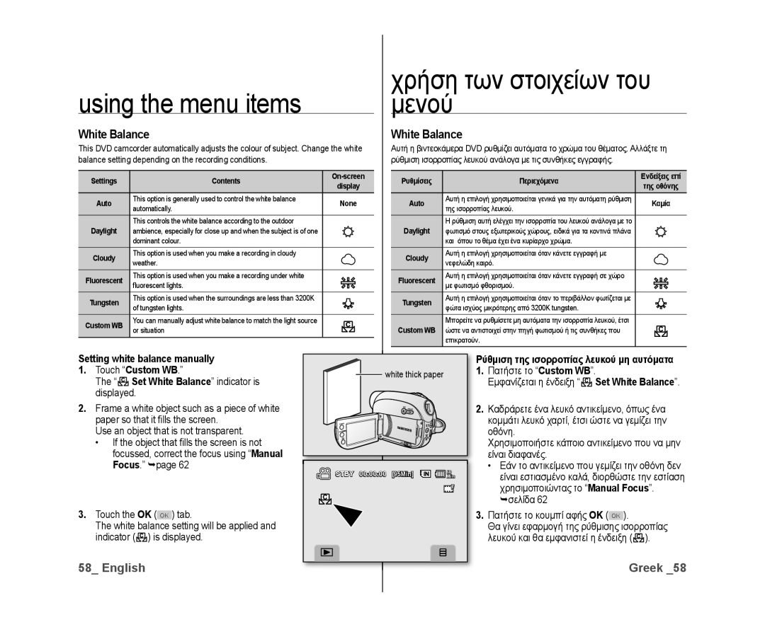 Samsung VP-DX10/ADL, VP-DX10/XEF, VP-DX10H/XEF Setting white balance manually, Set White Balance indicator is displayed 