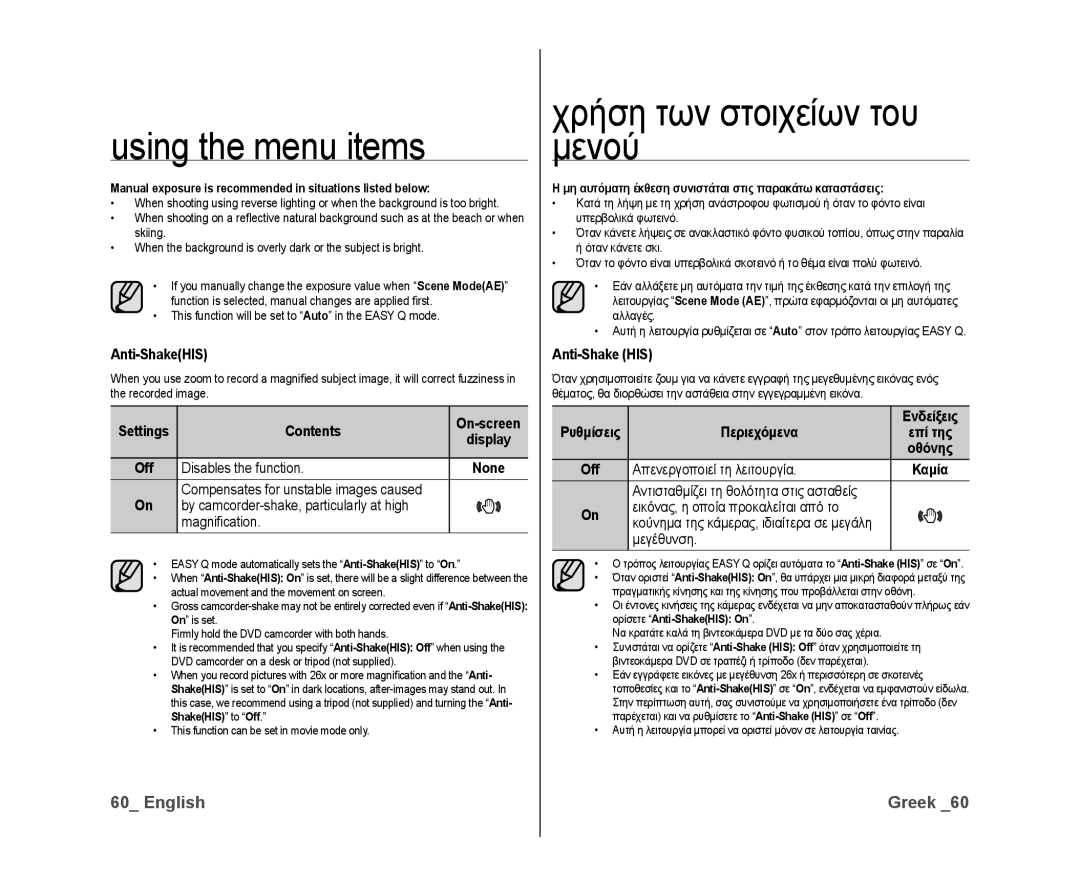 Samsung VP-DX10H/HAC Anti-ShakeHIS, Contents, Disables the function, By camcorder-shake, particularly at high Magniﬁcation 