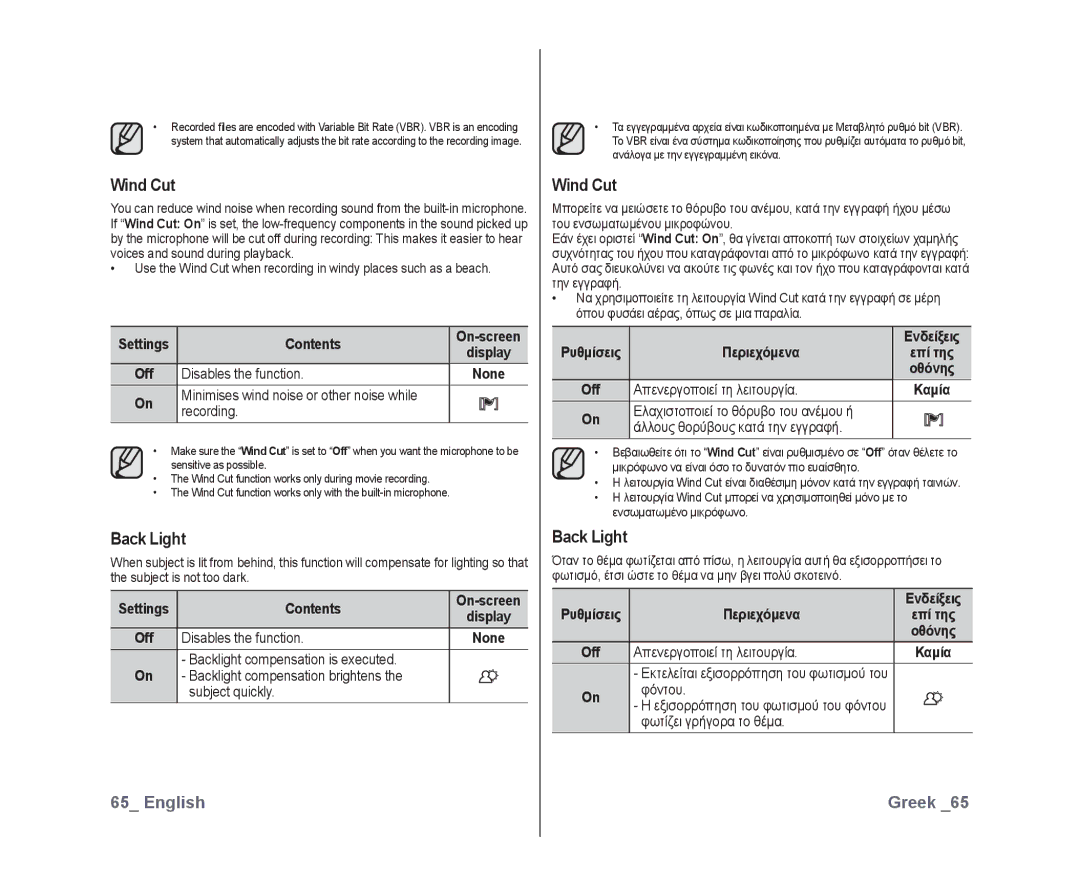 Samsung VP-DX10H/XEF, VP-DX10/XEF manual Wind Cut, Back Light, Minimises wind noise or other noise while Recording, Φόντου 