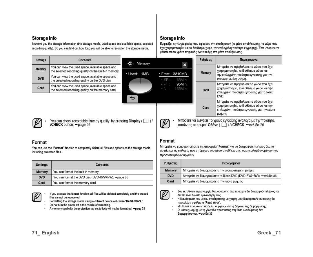 Samsung VP-DX10/KNT, VP-DX10/XEF, VP-DX10H/XEF Storage Info, Format, Settings Contents Memory, Ρυθμίσεις Περιεχόμενα Memory 