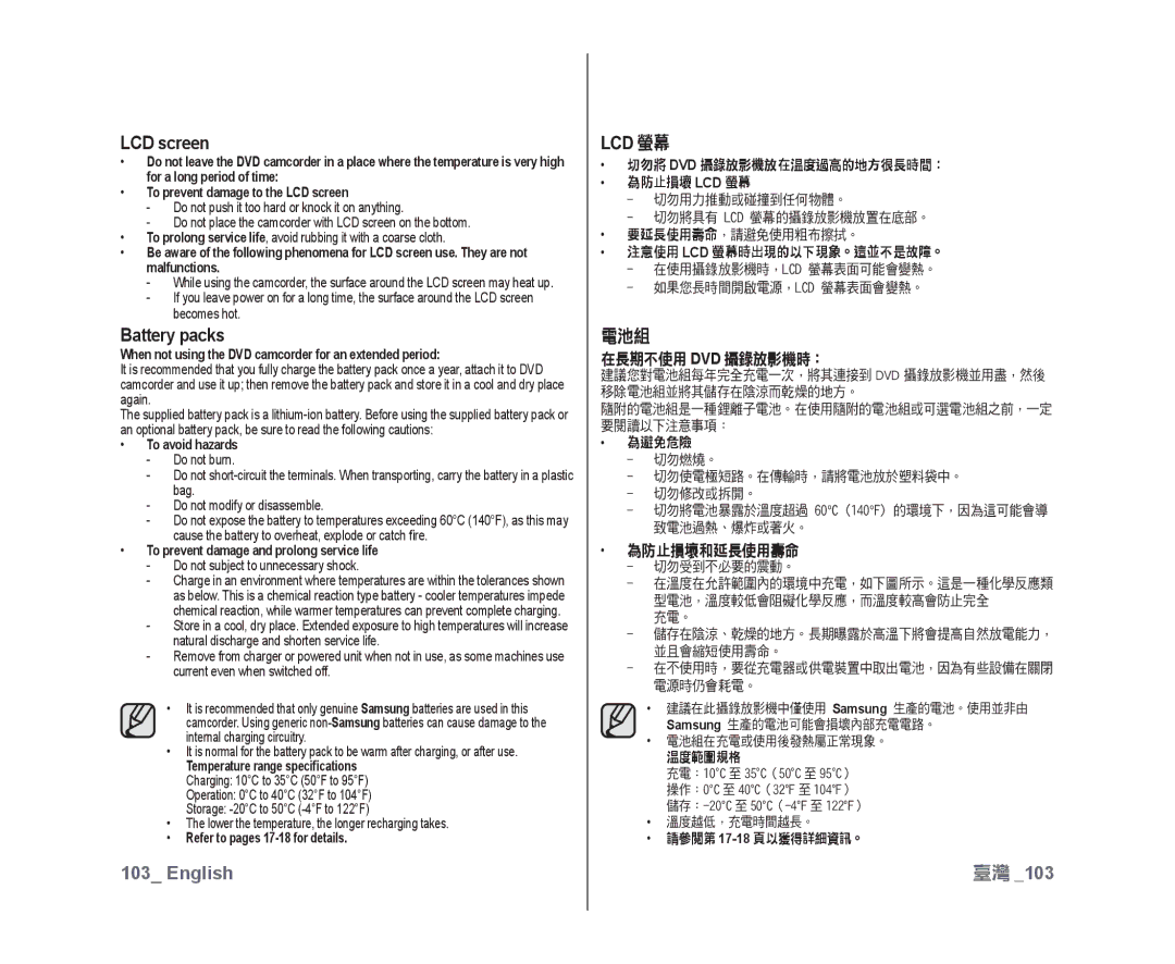 Samsung VP-DX10/SAH, VP-DX10/XEF, VP-DX10H/XEF, VP-DX10/XEO, VP-DX10/XEE, VP-DX10/UMG LCD screen, Battery packs, Lcd 螢幕, 電池組 