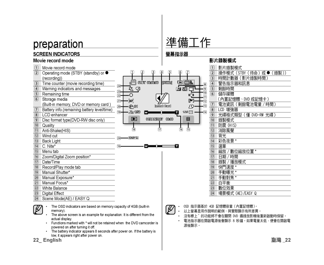 Samsung VP-DX10/XEF, VP-DX10H/XEF, VP-DX10/XEO, VP-DX10/XEE, VP-DX10/UMG Screen Indicators, Movie record mode, 影片錄製模式, 螢幕指示器 