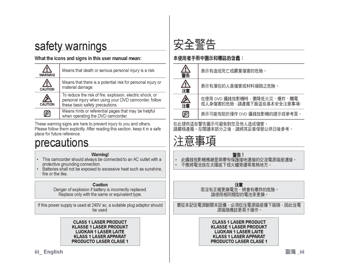 Samsung VP-DX10/XEE, VP-DX10/XEF, VP-DX10H/XEF, VP-DX10/XEO manual Safety warnings, Precautions, 安全警告, 注意事項, 本使用者手冊中圖示和標誌的含義： 