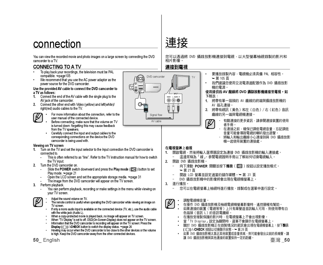 Samsung VP-DX10/XEF, VP-DX10H/XEF, VP-DX10/XEO Connection, Connecting to a TV, 連接到電視, TV as follows, Viewing on TV screen 