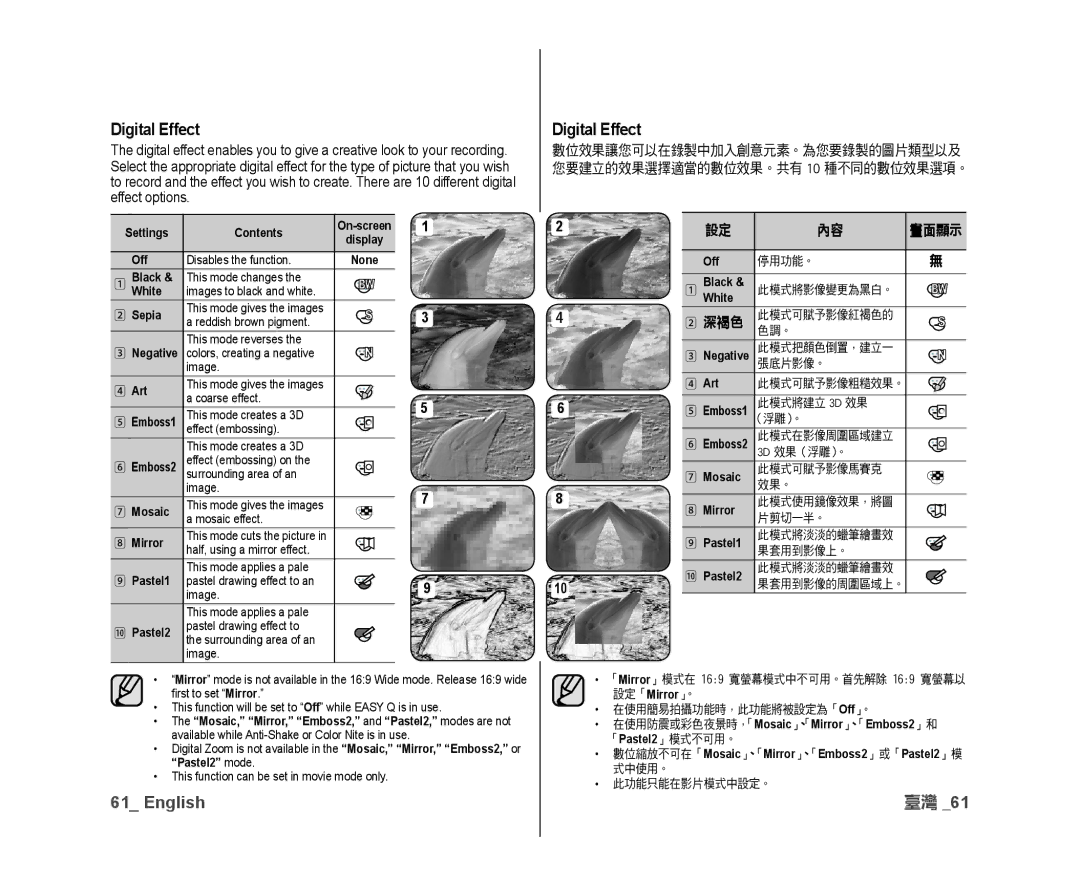 Samsung VP-DX10/SAH, VP-DX10/XEF, VP-DX10H/XEF, VP-DX10/XEO, VP-DX10/XEE, VP-DX10/UMG, VP-DX10H/MEA manual Digital Effect, 深褐色 