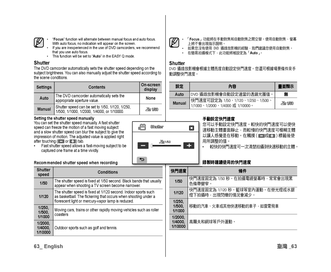 Samsung VP-DX10/XER, VP-DX10/XEF, VP-DX10H/XEF, VP-DX10/XEO, VP-DX10/XEE, VP-DX10/UMG manual Shutter, 手動設定快門速度, 錄製時建議使用的快門速度 