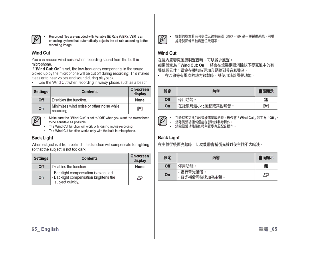 Samsung VP-DX10H/XEF Wind Cut, Back Light, Minimizes wind noise or other noise while Recording, 停用功能。 在錄製時最小化風聲或其他噪音。 