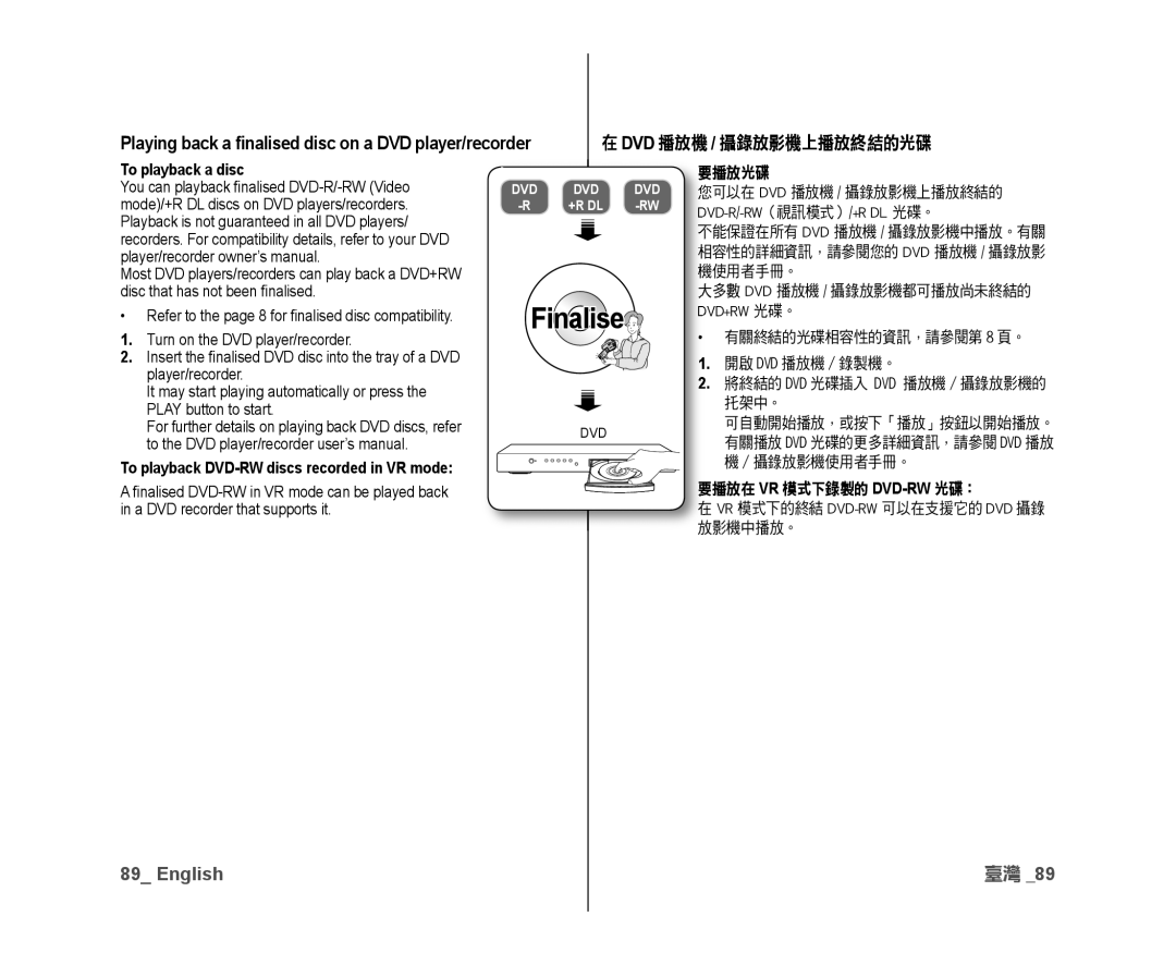 Samsung VP-DX10/SAH, VP-DX10/XEF, VP-DX10H/XEF, VP-DX10/XEO, VP-DX10/XEE To playback a disc, 播放光碟, 播放在 Vr 模式下錄製的 Dvd-Rw光碟： 