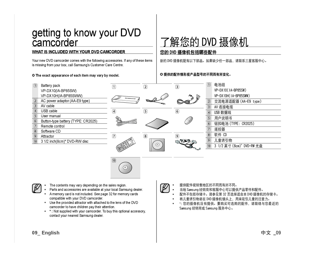 Samsung VP-DX10H/XEF, VP-DX10/XEF, VP-DX10/XEO manual Getting to know your DVD camcorder, 了解您的 Dvd 摄像机, 您的 Dvd 摄像机包括哪些配件 