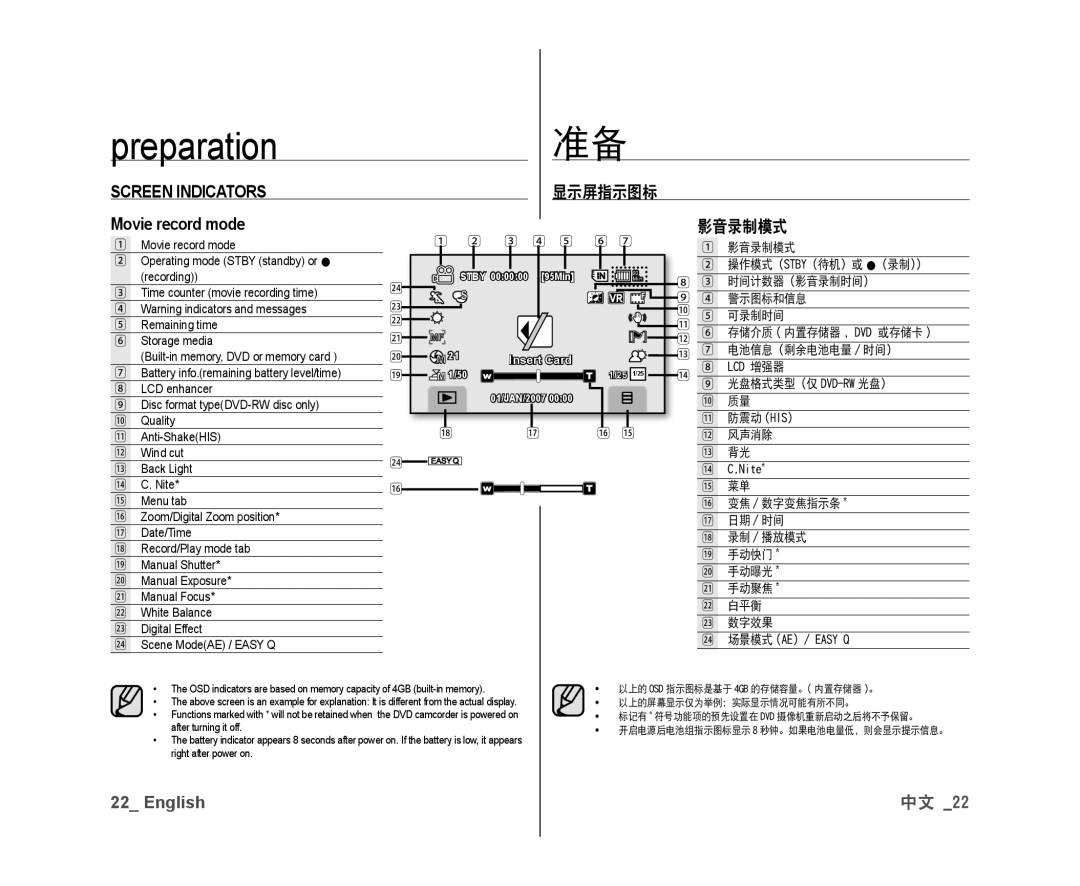 Samsung VP-DX10/XEF, VP-DX10H/XEF, VP-DX10/XEO, VP-DX10/XEE, VP-DX10/UMG manual Screen Indicators, Movie record mode, 影音录制模式 