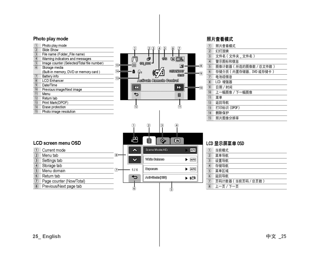 Samsung VP-DX10/XEE, VP-DX10/XEF, VP-DX10H/XEF, VP-DX10/XEO manual Photo play mode, 照片查看模式, LCD screen menu OSD, Lcd 显示屏菜单 Osd 