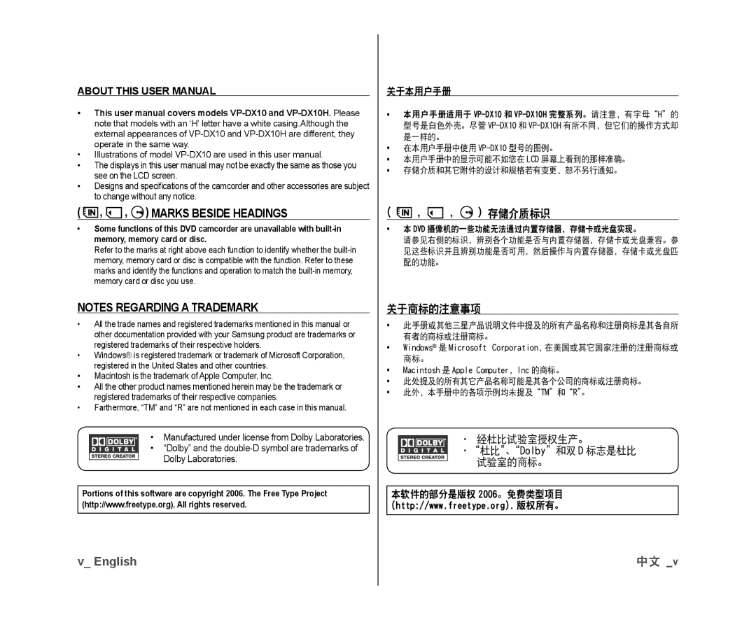 Samsung VP-DX10H/MEA, VP-DX10/XEF, VP-DX10H/XEF Marks Beside Headings, 存储介质标识, 关于商标的注意事项, 关于本用户手册, 本软件的部分是版权 2006。免费类型项目 