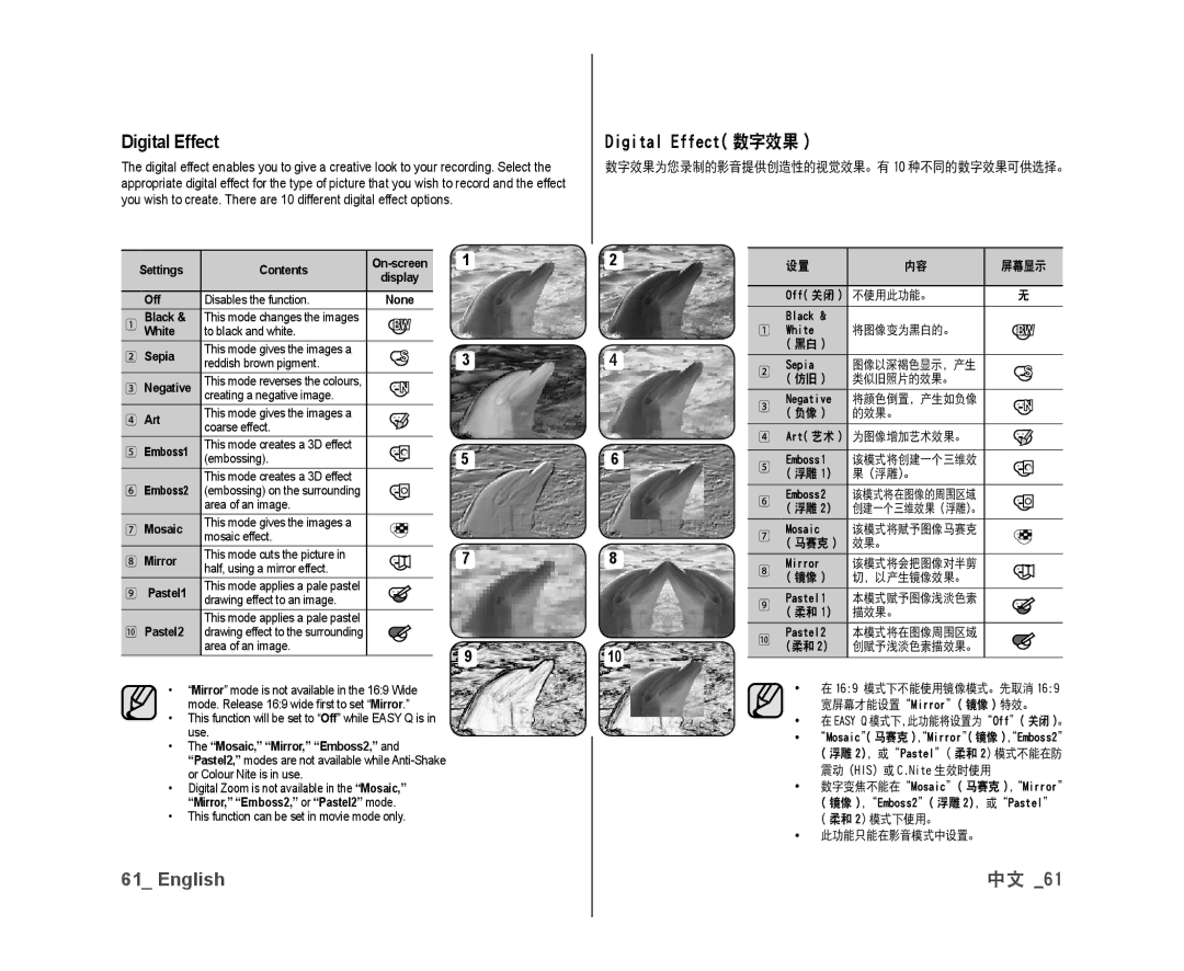 Samsung VP-DX10/SAH, VP-DX10/XEF, VP-DX10H/XEF, VP-DX10/XEO, VP-DX10/XEE, VP-DX10/UMG, VP-DX10H/MEA Digital Effect 数字效果 