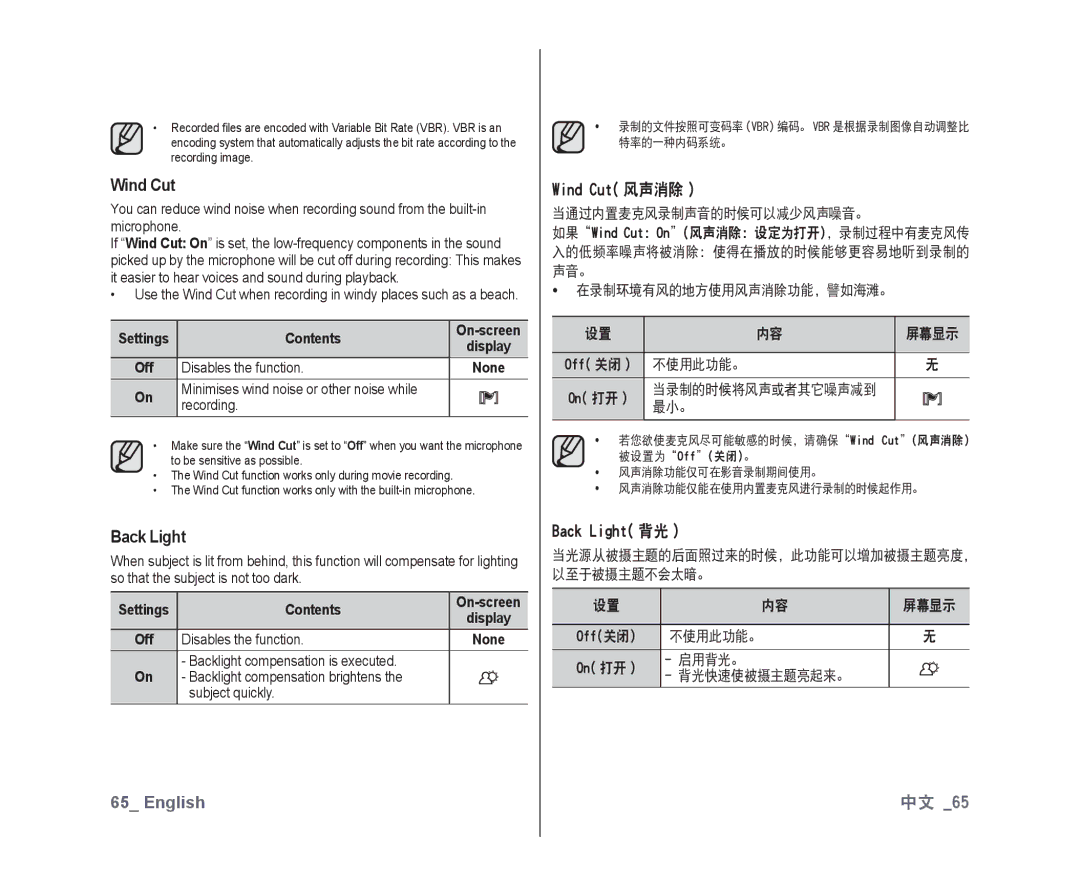 Samsung VP-DX10H/XEF, VP-DX10/XEF, VP-DX10/XEO, VP-DX10/XEE, VP-DX10/UMG, VP-DX10H/MEA Wind Cut 风声消除, Back Light 背光 