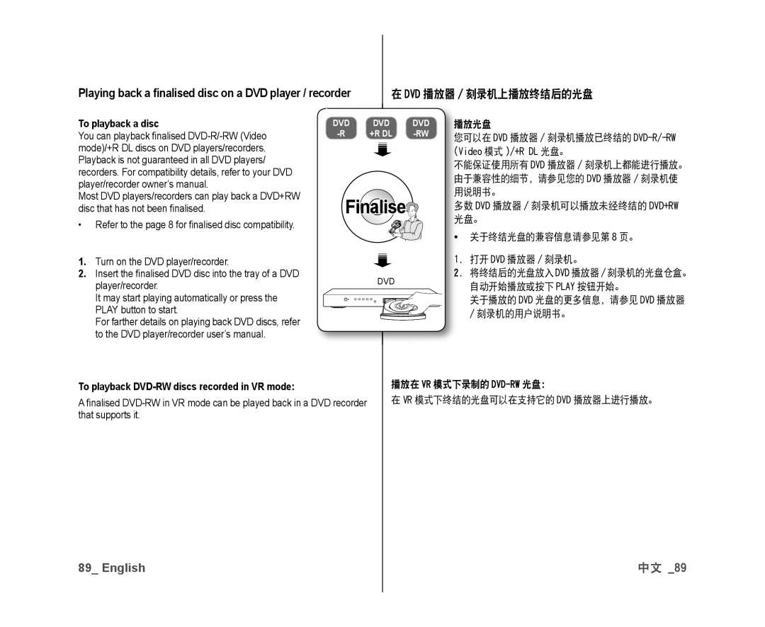 Samsung VP-DX10/SAH, VP-DX10/XEF Dvd 播放器 / 刻录机上播放终结后的光盘, To playback a disc, To playback DVD-RW discs recorded in VR mode 