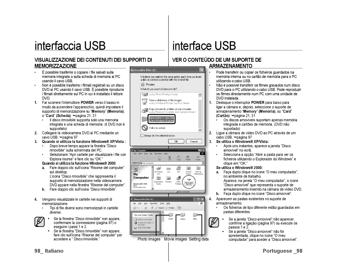 Samsung VP-DX10/XEF manual Interfaccia USB Interface USB, VER O Conteúdo DE UM Suporte DE, Memorizzazione Rmazenamento 