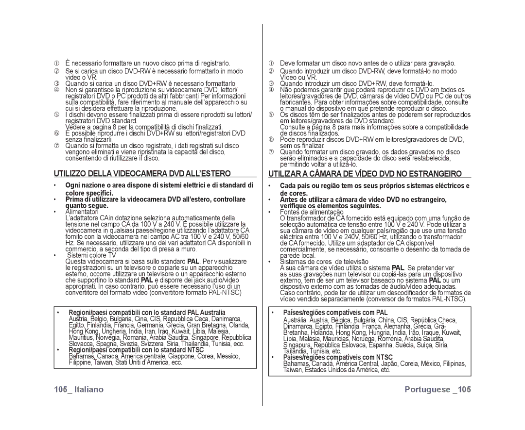 Samsung VP-DX10H/XEF, VP-DX10/XEF Utilizzo Della Videocamera DVD ALL’ESTERO, Utilizar a Câmara DE Vídeo DVD no Estrangeiro 