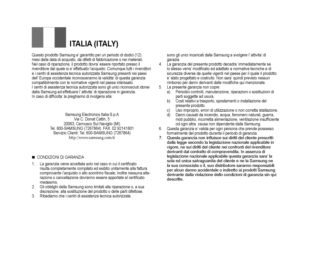 Samsung VP-DX10/XEF, VP-DX10H/XEF manual Italia Italy 