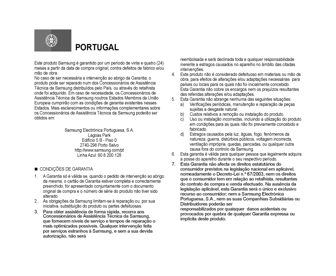 Samsung VP-DX10H/XEF, VP-DX10/XEF manual Portugal 