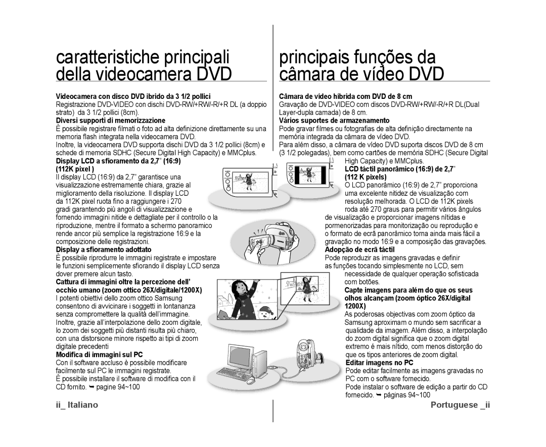 Samsung VP-DX10/XEF manual Display LCD a sﬁoramento da 2,7, 112K pixel LCD táctil panorâmico 169 de 2,7, Pixels, 1200X 