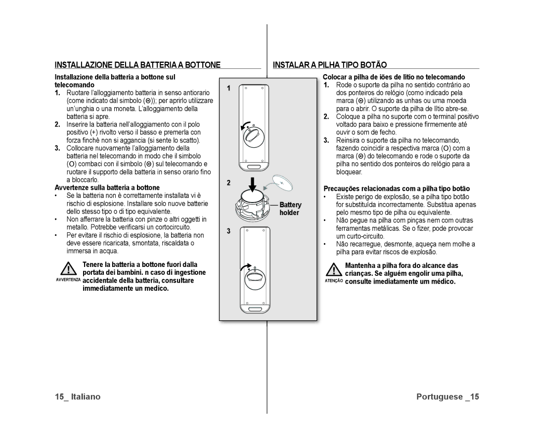 Samsung VP-DX10H/XEF manual Installazione della batteria a bottone sul telecomando, Avvertenze sulla batteria a bottone 